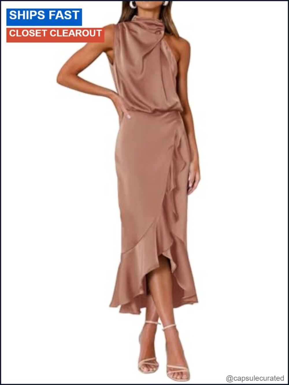 Satin Mock Neck Bodycon Wrap Midi Dress
